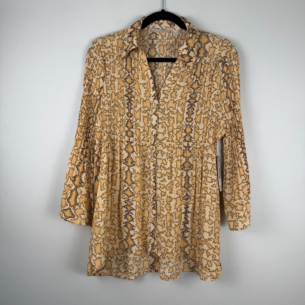 Sunny Leigh Tunic‎ Top Women Medium Yellow Snakeskin Print Long Sleeve Button-Up